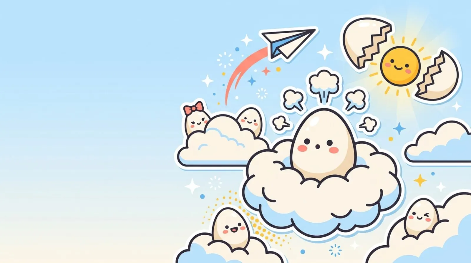 Cute egg characters sitting in fluffy clouds, letting off steam under a cracked-egg sun